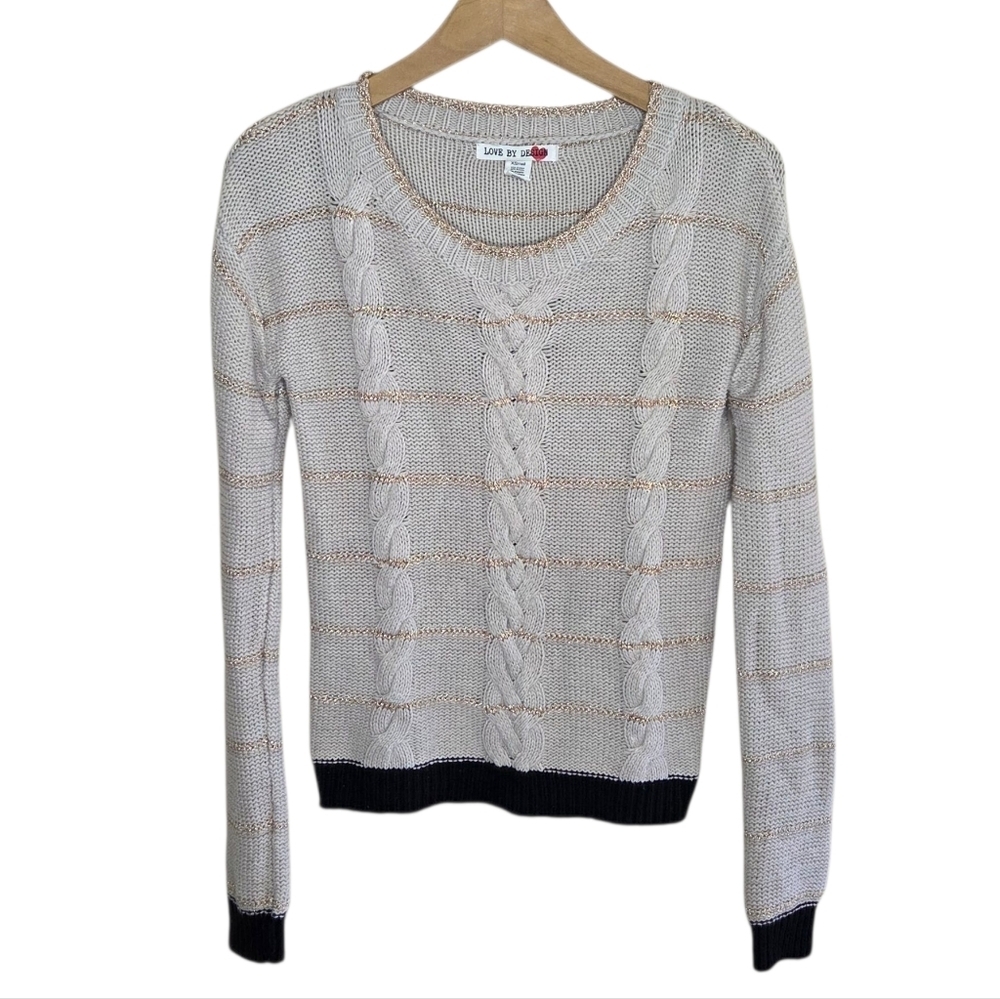 Love By Design | Beige Cable Knit Sweater with Gold Metallic Stripes Size XS